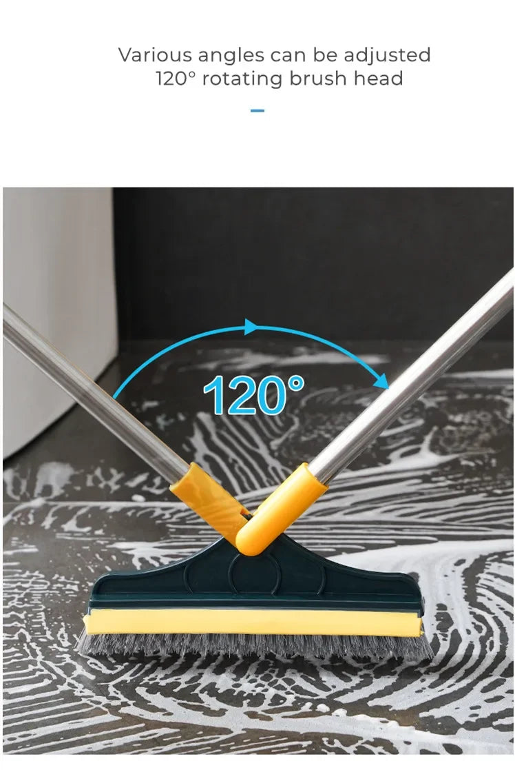 Rotating Floor Scrub Brush Long Handle Windows Squeegee Stiff Bristle Broom Mop 2In1 for Bathroom Kitchen Floor Crevice Cleaning