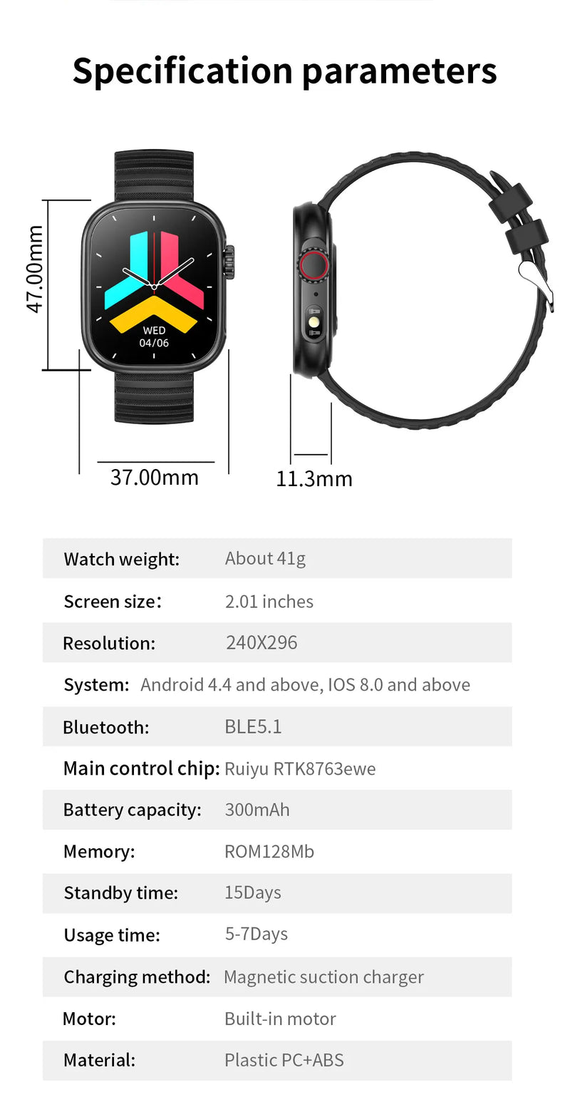 SENBONO Smart Watch / Lanterna LED 100+ Modos Esportivos Rastreador de Fitness Temperatura Corporal Tela de 2,01”